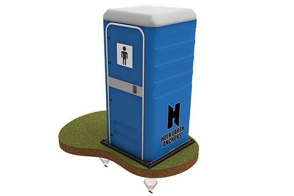 Portaloo or Portable Toilet, anchored with HULK Earth Anchors portable toilet tie down anchor kit