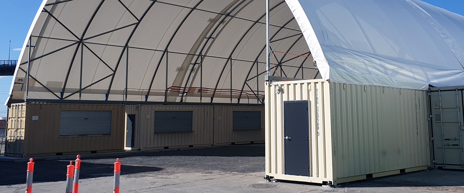 Shipping Container Dome Structure anchored with HULK Earth Anchors for protection against Cyclones and strong winds.
